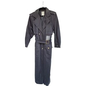 Vintage 1990s Black Cotton Trench Coat Petite 12 Belted Long Coat Made Hong Kong